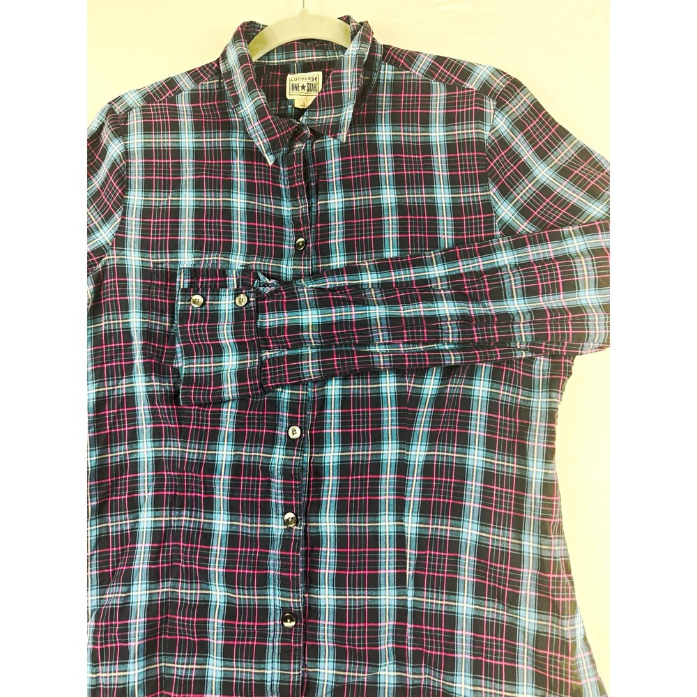 converse One Star blue/pink plaid cotton ls button up shirt, women's large